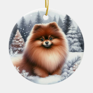 Décoration En Céramique Joli chien Pomeranian brun Scène hivernale