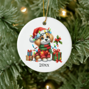 Décoration En Céramique Joli chiot ajouter la date et le message Noël