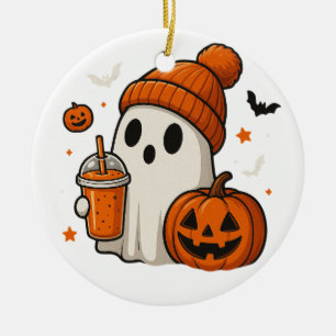 Décoration En Céramique Joli fantôme d'Halloween avec citrouille et boisso