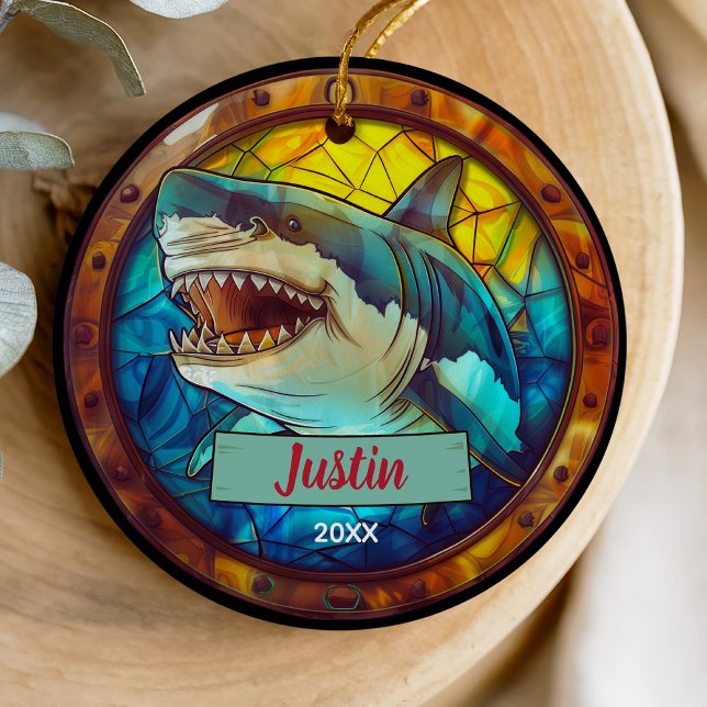 Décoration En Céramique Joli faux vitrail requin de Noël (Créateur téléchargé)