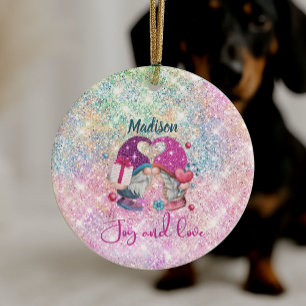 Décoration En Céramique Joli gnome de Noël en faux strass rose avec monogr