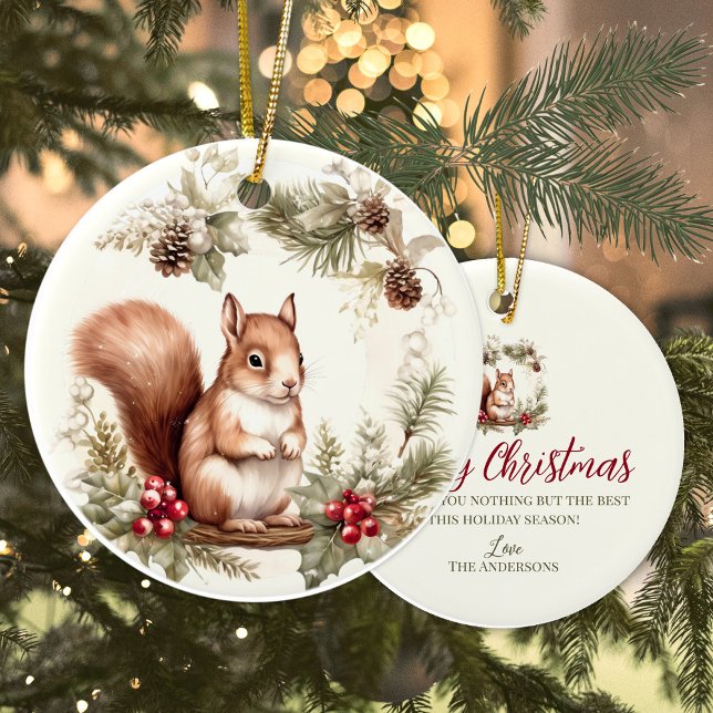 Décoration En Céramique Joli Noël chipmunk wreath animal boisé (Cute chipmunk forest woodland  personalized Christmas ornament)