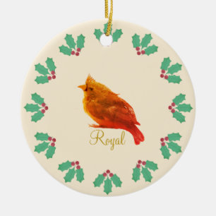Décoration En Céramique Joli Oiseau Rouge & Baies de Houx