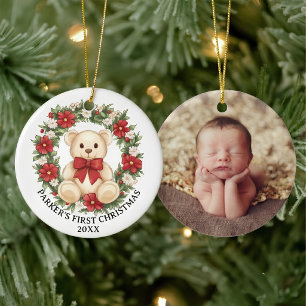 Décoration En Céramique Joli ours en peluche couronne florale premier Noël