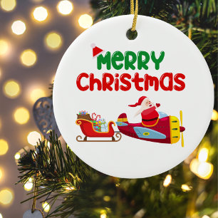 Décoration En Céramique Joli Père Noël volant en avion et traîneau, Noël