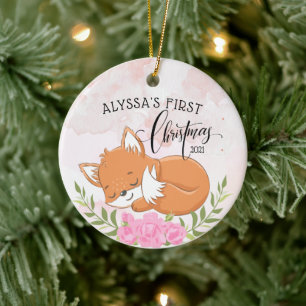 Décoration En Céramique Joli renard floral bébé premier Noël