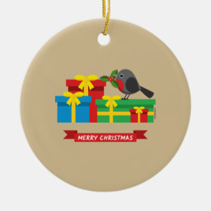 Décoration En Céramique Joli Robin Et Les Quatre Cadeaux Colorés