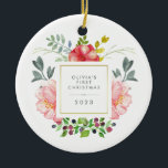 Décoration En Céramique Jolie Fleurs Fille de Baby's First Christmas<br><div class="desc">Ce magnifique ornement présente de belles pivoines roses de style aquarelle et des feuilles gris et verts. Un cadre carré avec fausse feuille d'or est au centre, et vous pouvez personnaliser avec le nom de votre bébé et tout message ou année en utilisant le modèle. (VEUILLEZ NOTER : le look...</div>