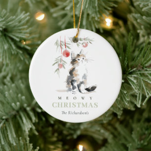 Décoration En Céramique Jolie photo de chat d'arbre de Noël à l'aquarelle
