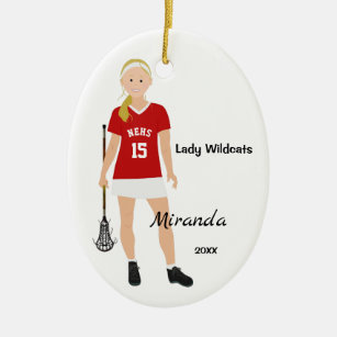Décoration En Céramique Joueur féminin blond de lacrosse en rouge et blanc