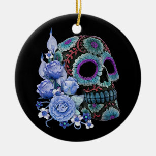 Décoration En Céramique Jour noir floral bleu de crâne de sucre des morts