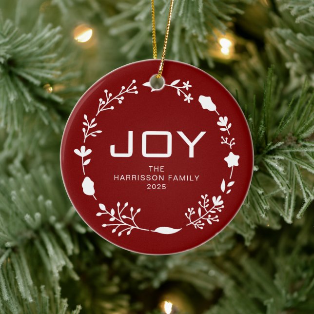 Décoration En Céramique Joy Floral Christmas Wreath Family Name Photo (Arbre)