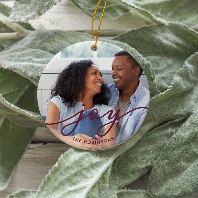 Décoration En Céramique Joy Script | Nom de famille Photo double face (Créateur téléchargé)