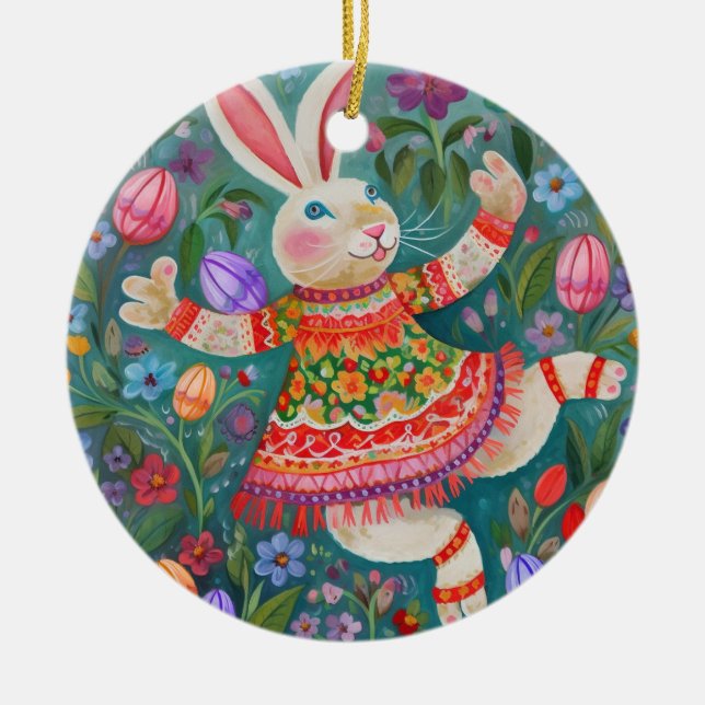Décoration En Céramique Joyeuse Danse Bunny de Pâques (Devant)