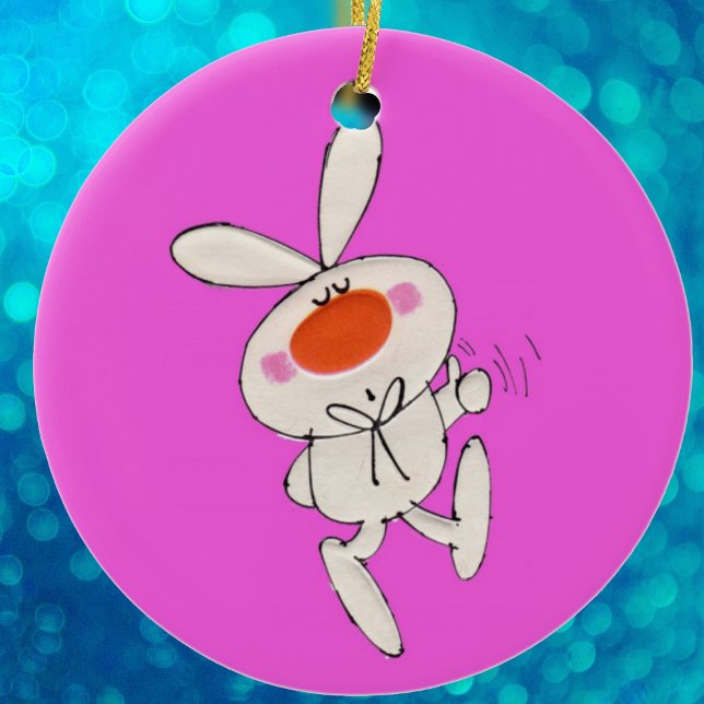 Décoration En Céramique Joyeuse danse mignonne lapin blanc (Cute white bunny big orange nose bow tie on bright pink hanging Easter ornament.)