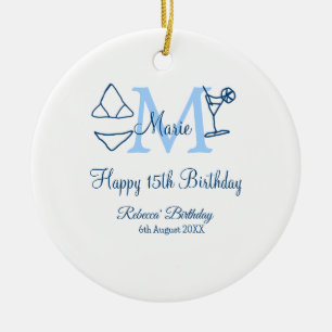 Décoration En Céramique Joyeux 15e anniversaire bleu ajouter nom monogramm