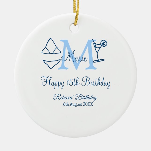 Décoration En Céramique Joyeux 15e anniversaire bleu ajouter nom monogramm (Devant)