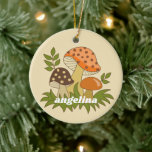 Décoration En Céramique Joyeux champignons avec nom personnalisé<br><div class="desc">Un design amusant avec des champignons funky. Un design à revers avec des teintes vert avocat,  marron et orange.</div>