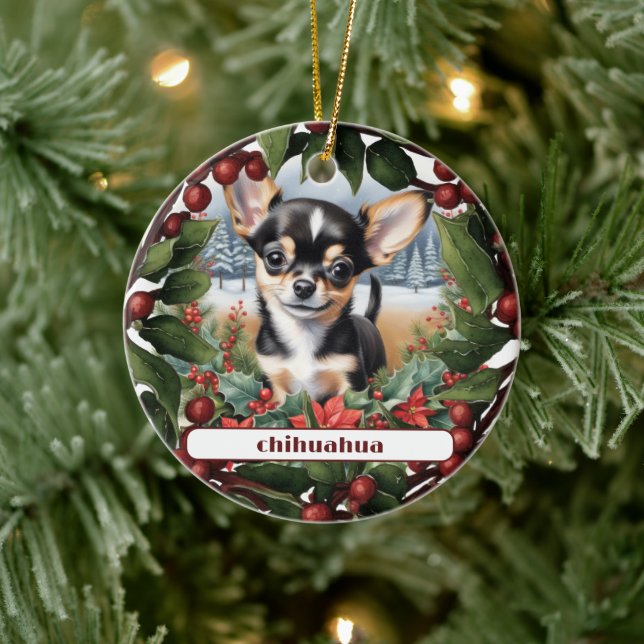 Décoration En Céramique Joyeux Chihuahua Noir Chihuahua Chiot Personnalisé (Arbre)