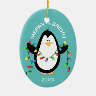 Décoration En Céramique Joyeux et brillant pingouin de Noël Fun Blue Oval