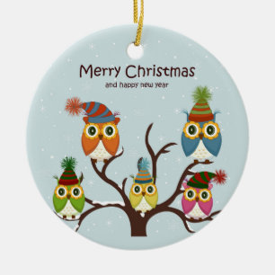 Décoration En Céramique Joyeux hibou de Noël sur l'ornement de l'arbre