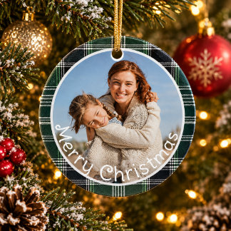 Décoration En Céramique Joyeux Noël avec photo de famille à carreaux verts
