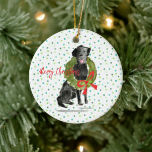 Décoration En Céramique Joyeux Noël Black Lab Chien Wreath Holly Famille