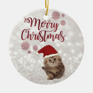 Décoration En Céramique Joyeux Noël,Bokeh scintillant,Chat avec chapeau de