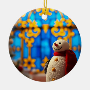 Décoration En Céramique Joyeux Noël Bonhomme de Neige – Faux Verre Cathédr