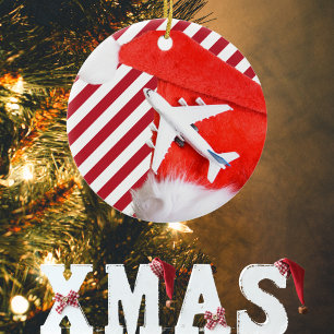 Décoration En Céramique Joyeux Noël Chapeau Rouge de Père Noël & Avion, Ra