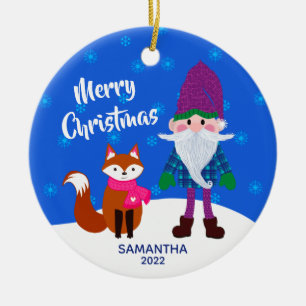 Décoration En Céramique Joyeux Noël Gnome Fox Snowflakes Blue
