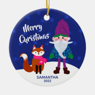 Décoration En Céramique Joyeux Noël Gnome Fox Snowflakes Midnight Blue