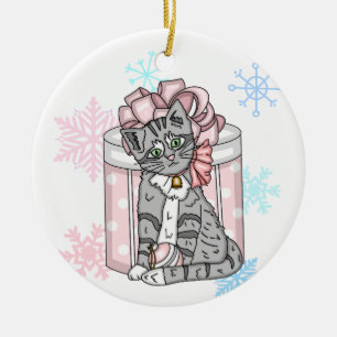 Décoration En Céramique Joyeux Noël Gray Kitten Rose Bow personnalisé