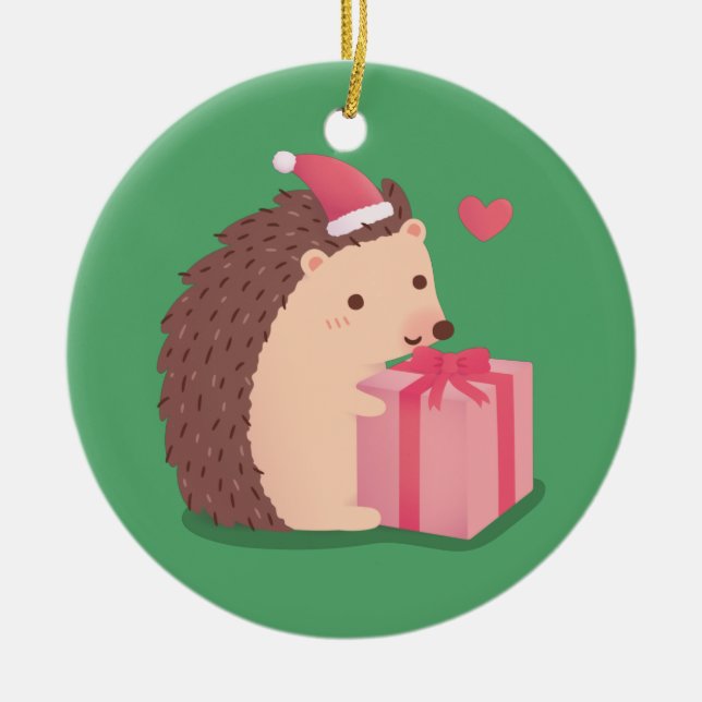 Décoration En Céramique Joyeux Noël Hérisson Avec Cadeau (Devant)