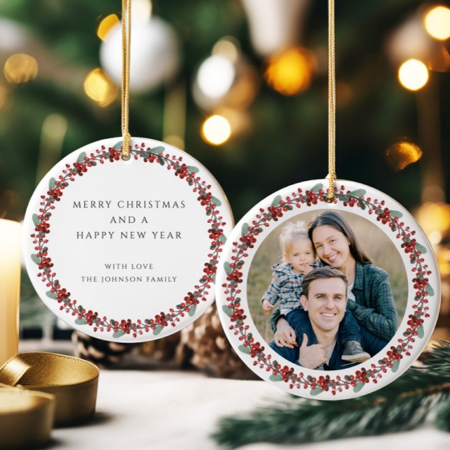 Décoration En Céramique Joyeux Noël Holly Photo botanique (Merry Christmas Holly Botanical Photo Ceramic Ornament)
