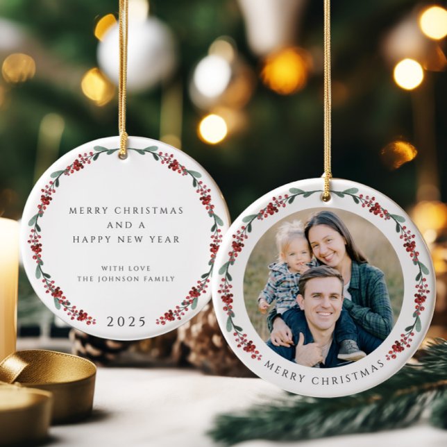 Décoration En Céramique Joyeux Noël Holly Photo botanique (Merry Christmas Holly Botanical Photo Ceramic Ornament)