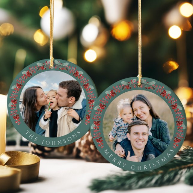 Décoration En Céramique Joyeux Noël Holly Photo botanique (Merry Christmas Holly Botanical Photo Ceramic Ornament)