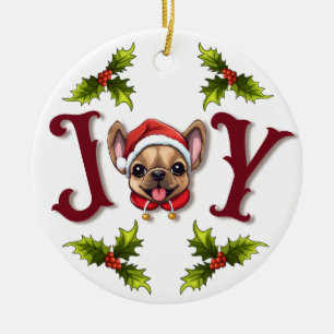Décoration En Céramique Joyeux Noël Joy Cute French Bulldog holly