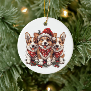 Décoration En Céramique Joyeux Noël Pembroke Welsh Corgi Puppies