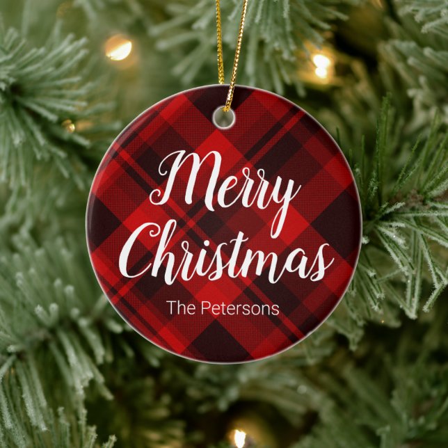 Décoration En Céramique Joyeux Noël Personnalisé Nom Rouge Noir Tartan Pla (Arbre)