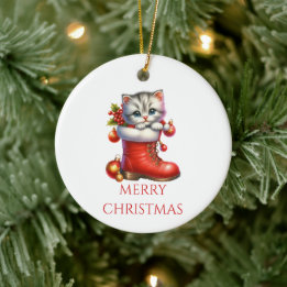 Décoration En Céramique Joyeux Noël Petit Chat Mignon
