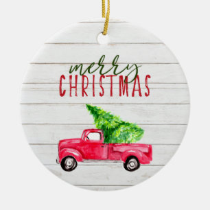 Décoration En Céramique Joyeux Noël Russe Rouge Vintage Camion Arbre