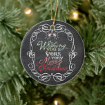 Décoration En Céramique Joyeux Noël Rustic Chalkboard Mistletos Photo<br><div class="desc">'Je Vous Souhaite Un Très Joyeux Noël' Typographie Colorée De Salutation Dans Un Cadre Vintage Traditionnel Défilé, Panneau Rustique De Noël Avec Mistletoes Photo Ornement De Vacances. Conçu par fat*fa*tin. Facile à customiser avec votre propre texte, photo ou image. Pour des demandes personnalisées, veuillez contacter fat*fa*tin directement. Des frais personnalisés...</div>
