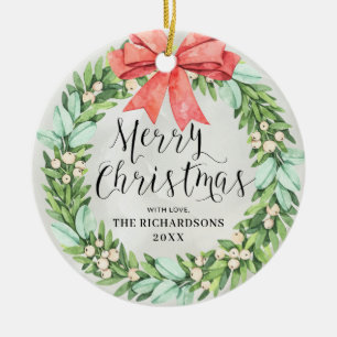 Décoration En Céramique Joyeux Noël Wreath Red Bow Family Photo