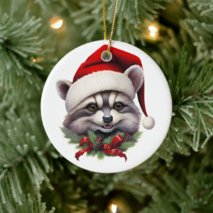 Décoration En Céramique Joyeux Raccoon de Noël à Santa Hat Holly Berries