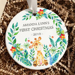 Décoration En Céramique Jungle Giraffe Photo Baby's 1st Christmas Ornament<br><div class="desc">Cute baby's first Christmas ornament the sweetest little giraffe framed with watercolor jungle leaves.  Flip the ornament over and add your photo!</div>