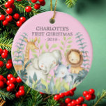 Décoration En Céramique Jungle Photo Girls Baby's First Christmas Ornament<br><div class="desc">Premier ornement de Noël du mignon bébé,  les plus doux petits animaux de la jungle encadrés de feuilles de la jungle aquarelle.</div>