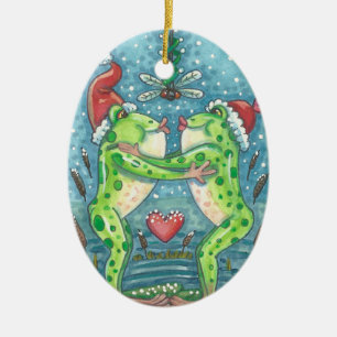 Décoration En Céramique KISSING FROGS, DRAGONFLY MISTLETOE ORNAMENT Oval