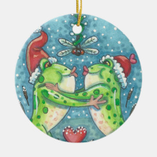 Décoration En Céramique KISSING FROGS, DRAGONFLY MISTLETOE ORNAMENT Round