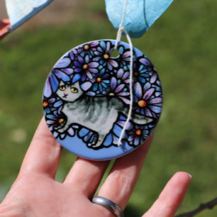 Décoration En Céramique Kitty Chat Purple Daisées Gris Chat Art Gris Chats